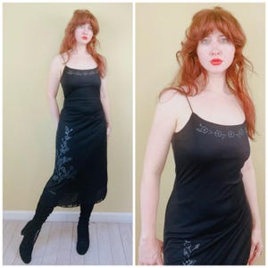 1990s Vintage Byer Too Mesh Tattoo Glitter Dress / 90s Black Floral Design Wiggle Knit Dress / Size Small - Medium