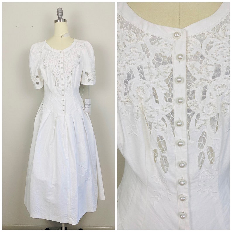 1980s Vintage Sarah Elizabeth White Cotton Linen Princess Cut Dress 80s Floral Cutwork Pearl Beaded Puffed Sleeve Dress Size 6