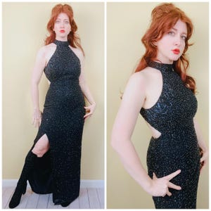 1990s Vintage Sean Collection Presige Silk Gown / 90s Black Fully Beaded High Neck Cut Out Dress / Size Large