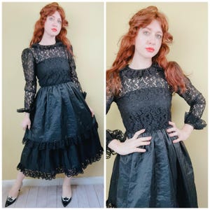 1980s Vintage Lace Top Dress: Ruffled Gothic Taffeta, Size Medium