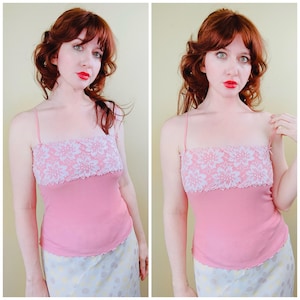Y2K Moda Int&#39;l Pink Ribbed Tank Top / Coquette Lace Trim Ribbon Bow Cami / Medium