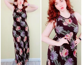 1990s Nostalgia Vintage Floral Maxi Dress | Burgundy Rose | 90s Bias Cut Maxi | Cottagecore Floral | Romantic Vintage | Large