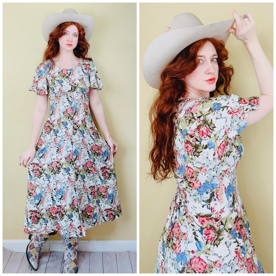 90s Floral Lace Back Dress: All That Jazz Vintage Autumn Midi