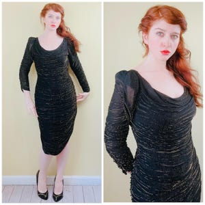 1980s Vintage Bronze and Black New Leaf By Samir Bombshell Dress / 80s Metallic Ruched Wiggle Dress / Small - Medium
