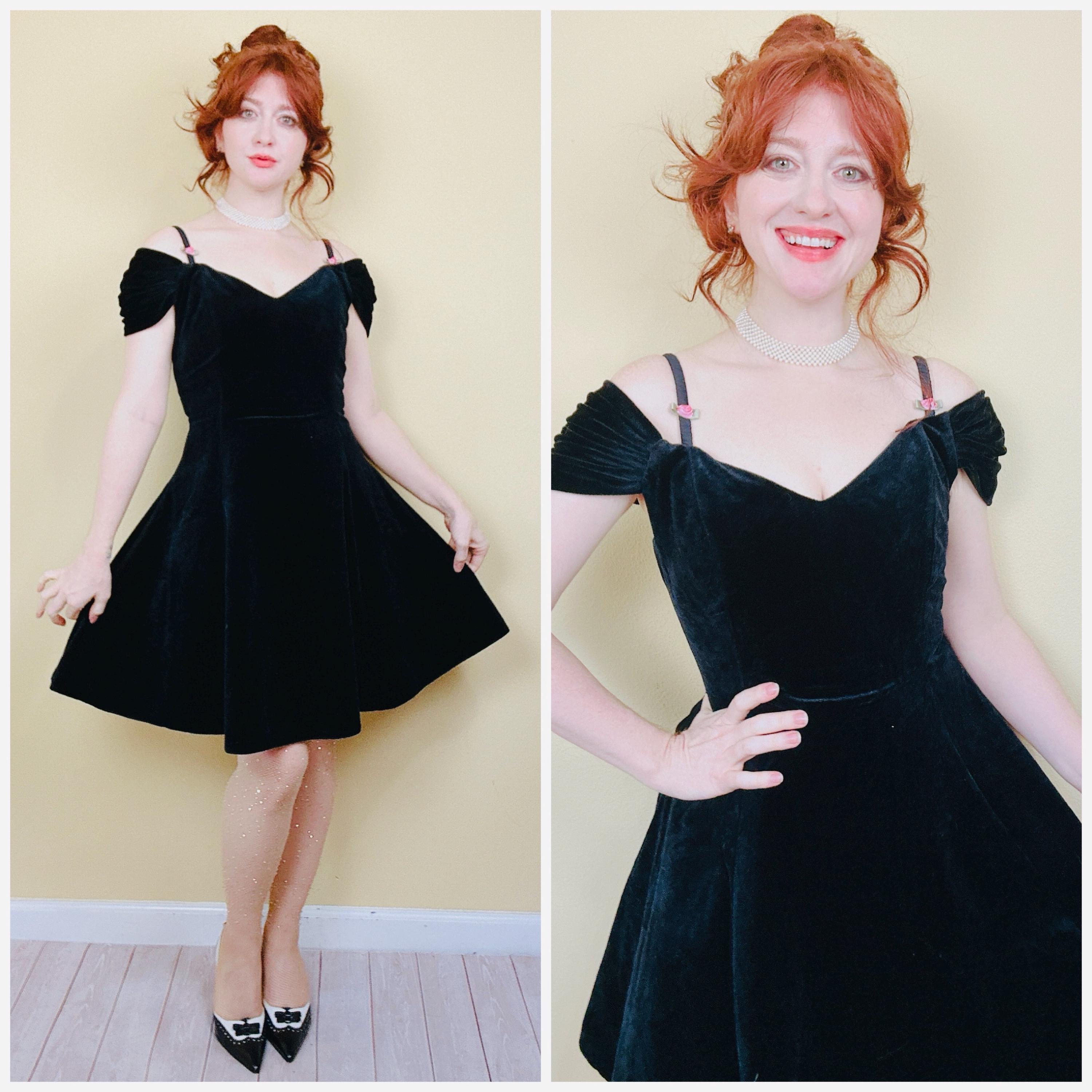 1980s Vintage Black Velour off Shoulder Dress / 80s