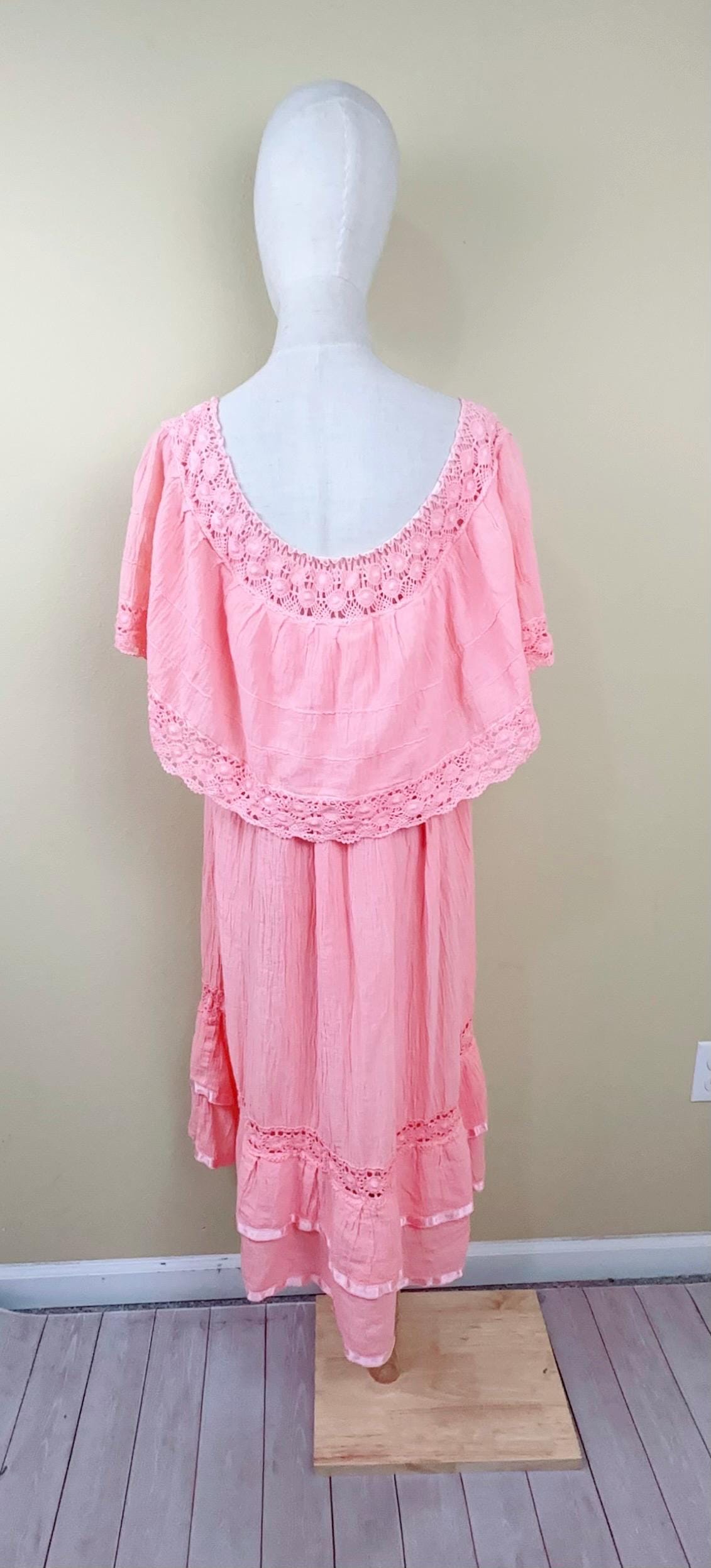 1970s Vintage Pink Gauze off Shoulder Lace Trim Maxi Dress / One