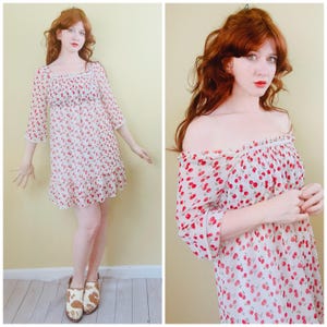 Y2K Chiffon Cherry Print Mini Dress: Off-Shoulder Babydoll