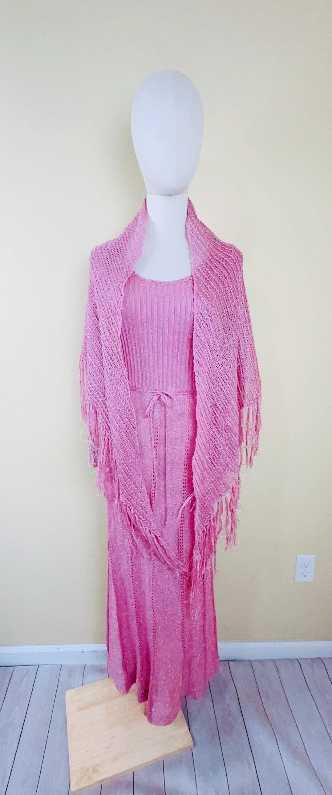 70s Shayne Acrylic / Metallic Pink Pointelle Knit Dress With