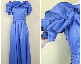 1980s Vintage Periwinkle Rosette Ruffle Prom Dress /. 80s Ruffled Off Shoulder Floral JC Penney Maxi Gown / Size Medium