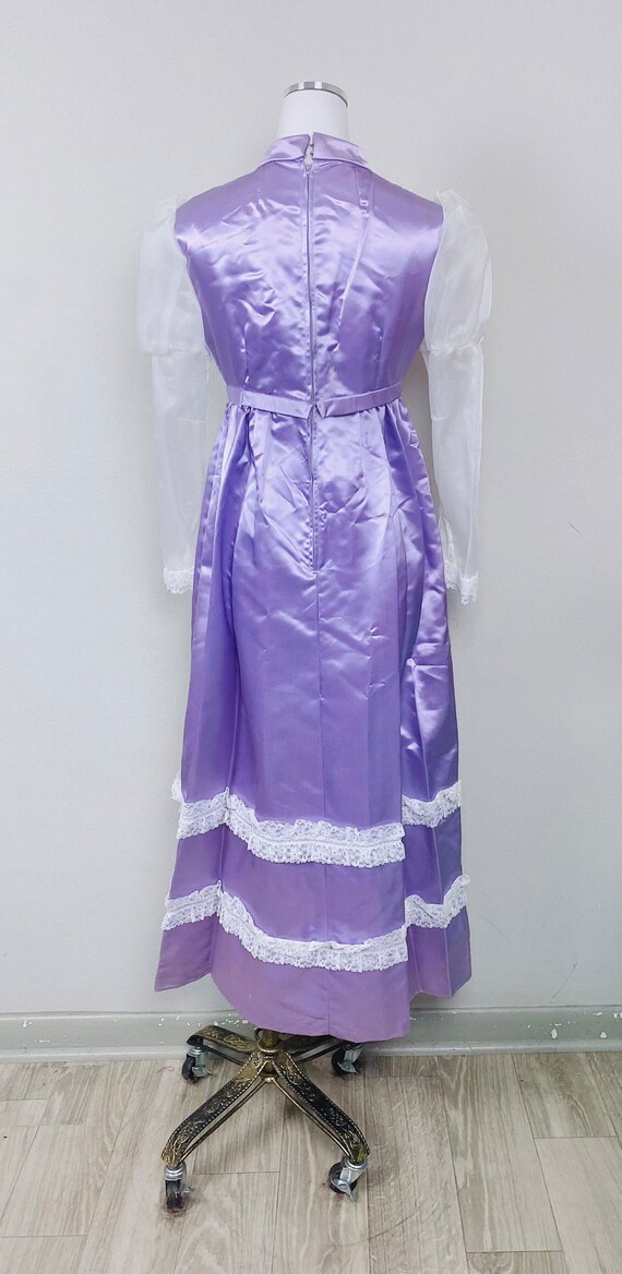 1970s Vinage Purple Satin Empire Waist Prairie Dr… - image 4