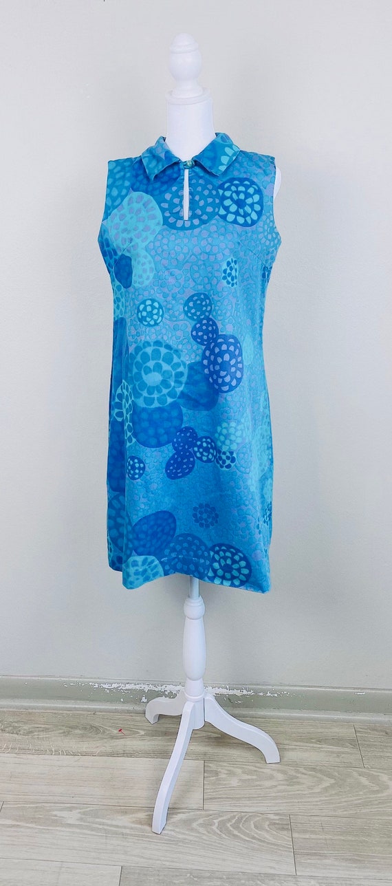 1970s Vintage Blue Abstract Print Cotton Dress / … - image 2