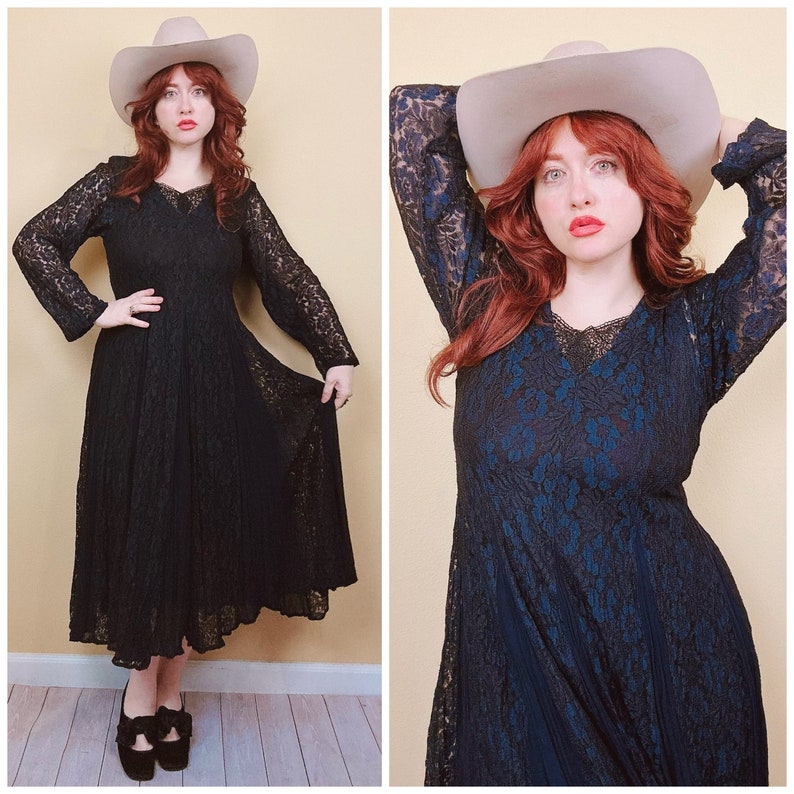 1990s Vintage Nostalgia Rayon Lace Dress / 90s Grunge Sheer Floral Navy Blue and Black Midi Dress / Size Small Medium image 1