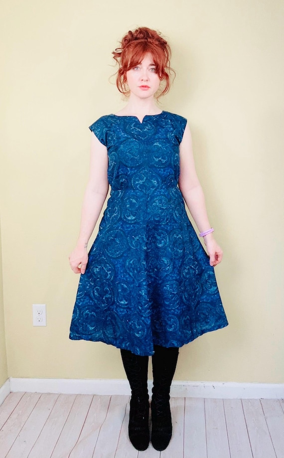 blue swirl dress 1960s Vintage Print | Retro Abstract Midi Cotton Size:18W-20W summerwhsale2026 Beaded Maxi Tube Dress Powder Blue