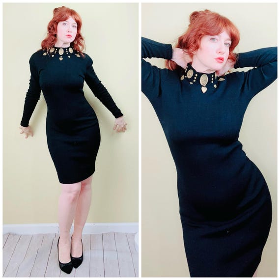 black dress with gold hearts 1980s Vintage Andrea Jovine Wool Heart Studded / XS -small Lace