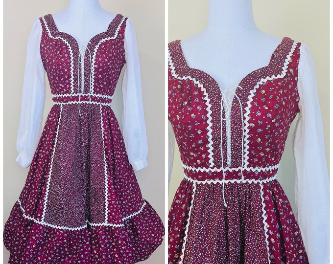 Maroon Ric Rac Cartoon 1970s Vintage Cotton Maroon Calico Prairie Dress / 70s Ric Rac Floral ...