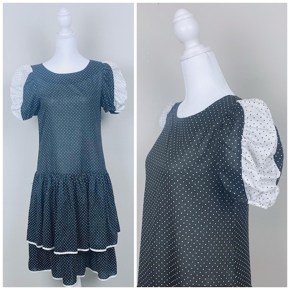 1970s Vintage Black and White Swiss Dot Dress / 7… - image 1