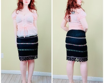 Y2K Nanette Lepore Black Lace Ribbon Trim Coquette Skirt / Medium