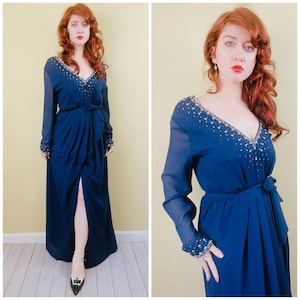 1960s Vintage Volup Victoria LTD Navy Blue Chiffon Dress / 60s/ Sixties Beaded Maxi Gown With Belt / Size Large