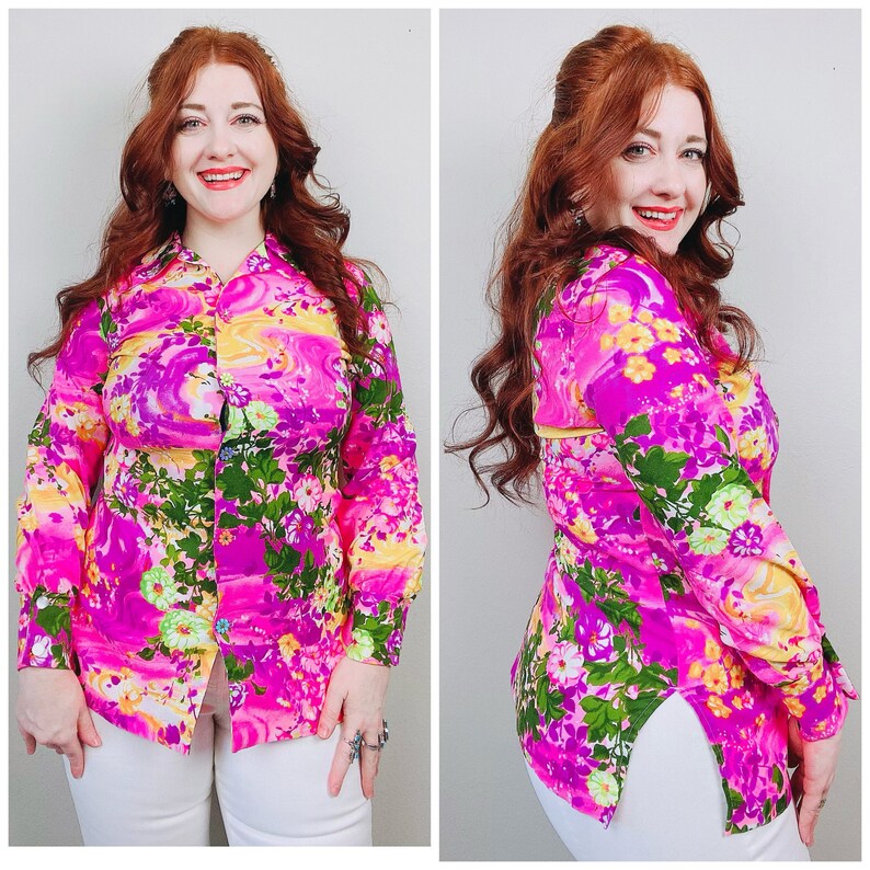 1970s Vintage Hot Pink and Purple Acrylic Floral Shirt 70s Seventies Hawaiian Neon Button Up Blouse Size Medium Large