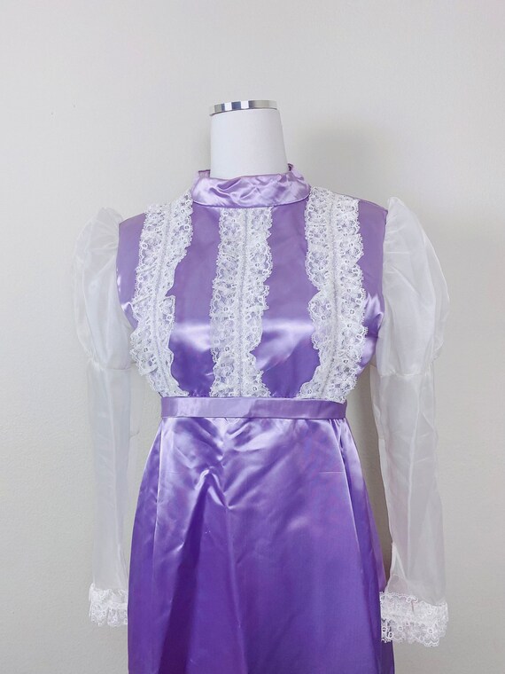 1970s Vinage Purple Satin Empire Waist Prairie Dr… - image 5