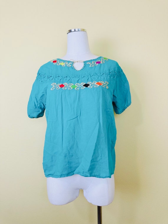 1980s Vintage Cotton Turquoise Peasant Blouse / E… - image 5