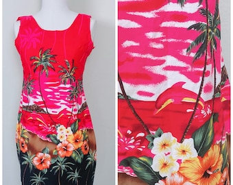 1990s Vintage Red Cotton Hawaiian Mini Dress / 90s Tropical Sleeveless Dolphin Novelty Tank Dress / Size Small