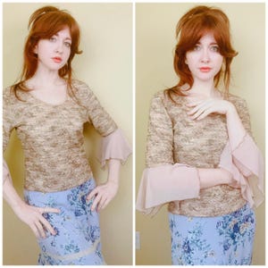 Y2K Vintage Tan Lace Bell Sleeve Top / Bell Sleeve Mesh Knit Blouse / Size Large - XL