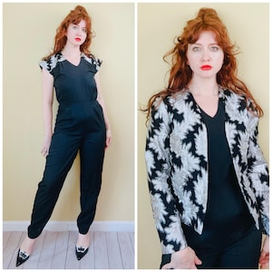 1980s Vintage Brocade Jumpsuit Set: Silver & Black Metallic Coat, S-M