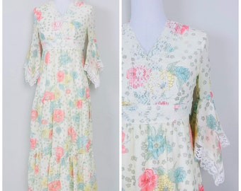 1970s Vintage Cream Peggy Barker Cotton Voile Prairie Dress / 70s / Bell Sleeve Floral Empire Waist Maxi Gown / Size Small