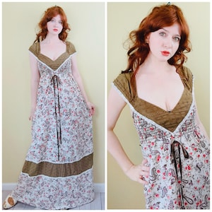 1970s Paisley Floral Maxi Dress: Smocked Prairie Gown, Brown & Cream