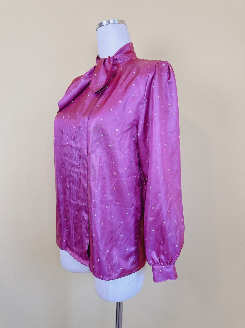 1980s Hanae Mori Tops Silky Blouse / 80s Magenta Pleated Ascot Star Print Butt Up Shirt / Small Medium image 3