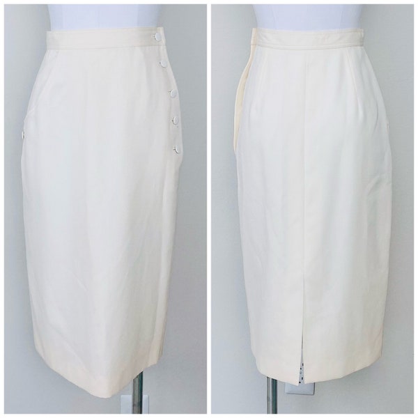 1980s Vintage Cream Lillie Rubin Wiggle Skirt / 80s High Waisted Wool Pencil Button Skirt / Size Small