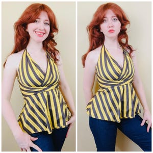 Y2K Striped Halter Top: Vintage Odille Peplum Babydoll Shirt (Size Small-Medium)