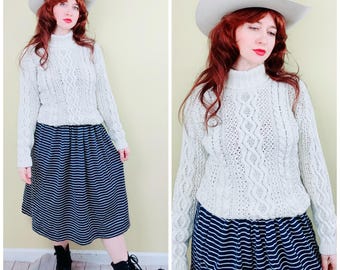 1990-tals vintage perfekt Yorkshire stickning krämfärgad rami bomullskabelstickad tröja / stor