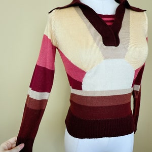1970s Vintage Collage Dress Rising Sun Sweater / 70s Rust and Cream Sunset Acrylic Knit Jumper / Small image 4