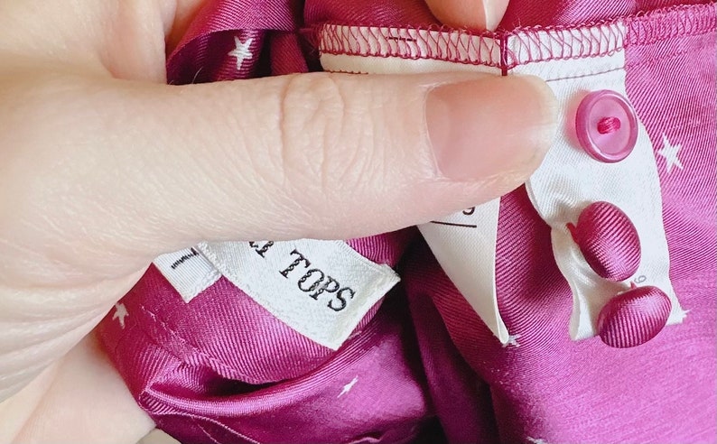 1980s Hanae Mori Tops Silky Blouse / 80s Magenta Pleated Ascot Star Print Butt Up Shirt / Small Medium image 6