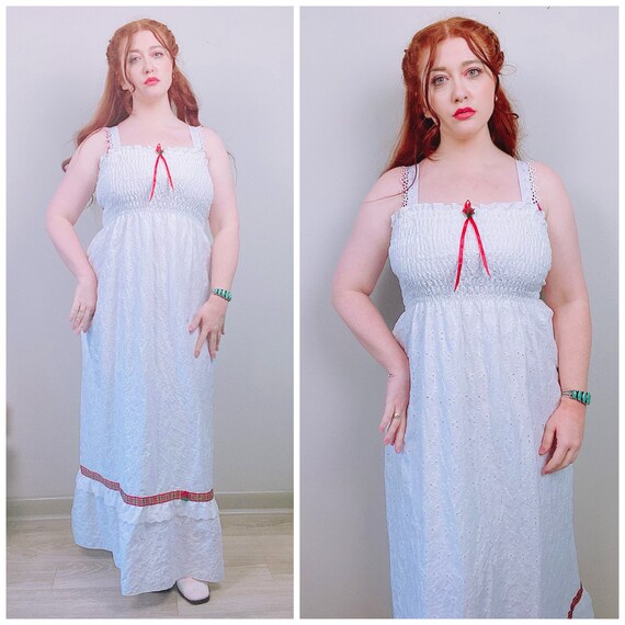 1970s Vintage White Cotton Eyelet Smocked Maxi Dre