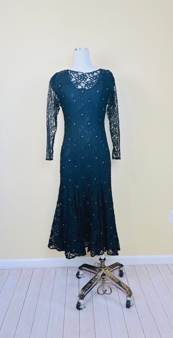 1980s Halston III Rayon Lace Flounce Skirt Dress … - image 2