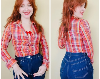 1970s Vintage Red Plaid Western Shirt / 70s Rainbow Plaid Poly Cotton Button Up Blouse / Small