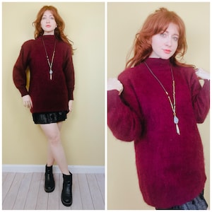90s Angora Blend Sweater: Vintage Maroon Fuzzy Knit Tunic (Size Small - Medium)