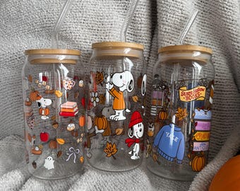 Fall Spooky Season Glass Can Shaped Tumbler with Bamboo Lid and Glass Straw | UVDTF Transfer | Bookish Booktok