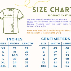 May include: Size chart for a unisex t-shirt, showing measurements in inches and centimeters for sizes XS to XXL. The chart includes width and length measurements for each size.