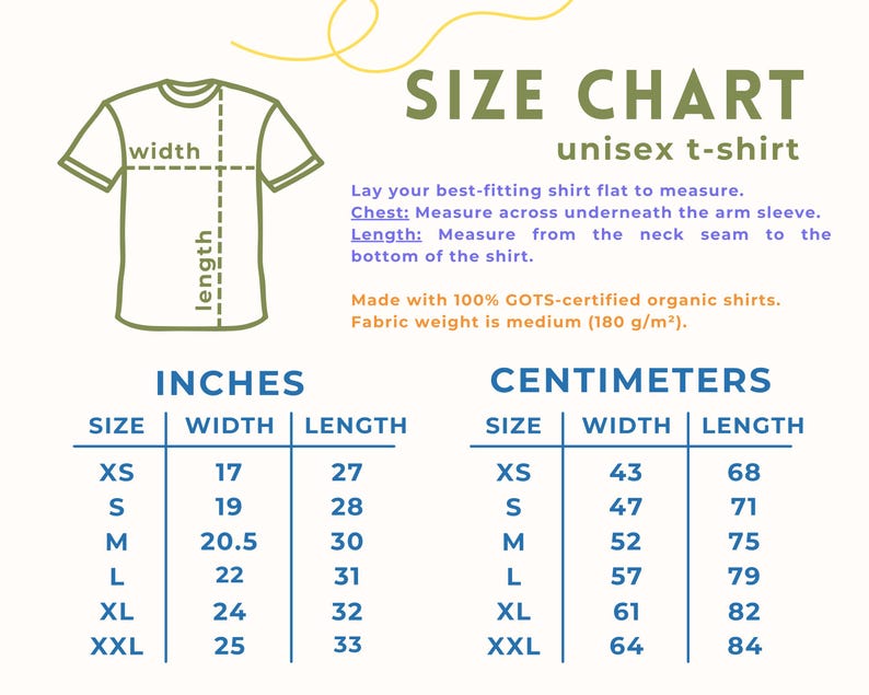May include: Size chart for a unisex t-shirt, showing measurements in inches and centimeters for sizes XS to XXL. The chart includes width and length measurements for each size.