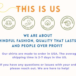 May include: This Is Us graphic with the text "This Is Us" in orange and yellow. The graphic also includes four green and blue circular icons with text and symbols. The text below the graphic reads "We are about mindful fashion, quality that lasts, and people over profit".