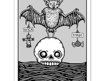 Trick or Treat Bat- GingerDead Halloween Greeting Card - Bat with Skull, Candy and Voodoo Doll