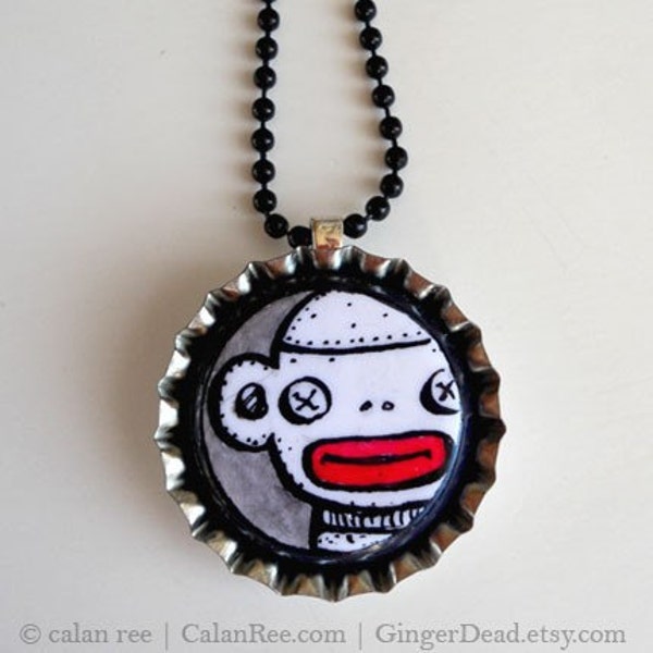 Sock Monkey OOAK Pendant Necklace - Original Pen and Ink on Polymer CLay Art Jewelry by Calan Ree