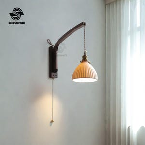 Wall Lamp night light,French Antique lamp,Lily Flower Vintage Wall,Sconces RetroCream Copper Color,Walnut Wall Light,Minimalist Wooden Light