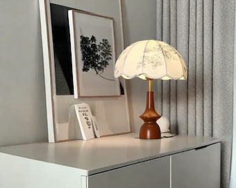 Wood Table Lamp, Bedside Lamp,Wooden Lamp,Wooden Pillar Pleated Table Lam, Fabric Shade 110-240V ,Japandi Nightstand Lamp,Wood Lamp|