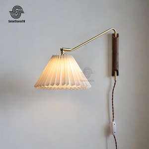 Lampada a sospensione con braccio girevole, lampada in stile metà secolo, lampada da parete, paralume in tessuto di lino bianco al 100%, lampada da parete, lampada in legno di noce di alta qualità