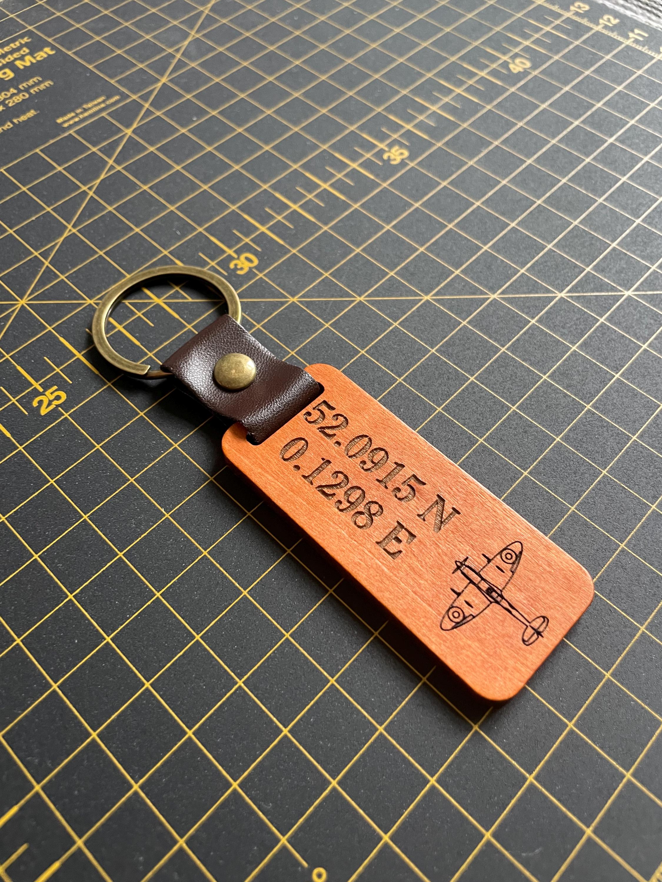 Customised Wooden Spitfire Keyring with Coordinates